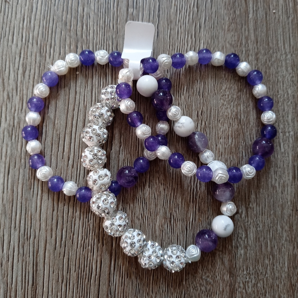 Amethyst & Howlite Rhinestone Healing Stacked Bracelets